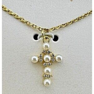 14K Gold Dipped Pearl CZ Cross  NWT Necklace Christian Faith Can Move Mountains